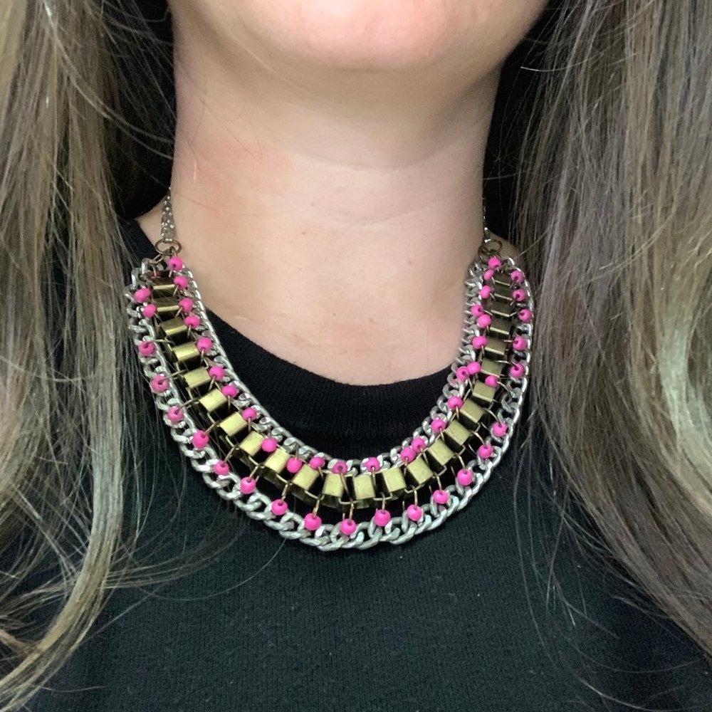 Metal Chain Hardware Necklace with Hot Pink Beads